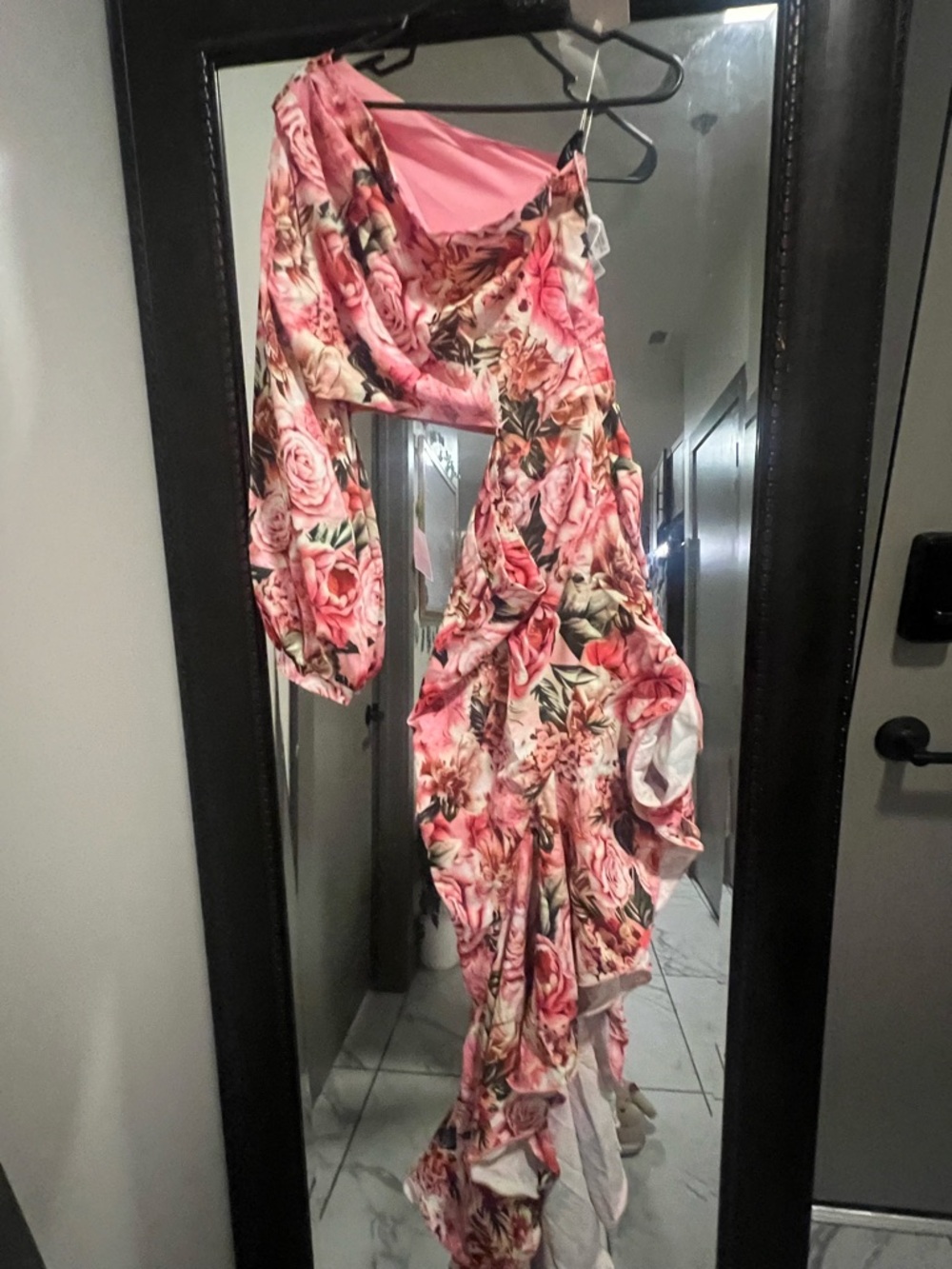 Floral Asymmetrical Women's Dress - Pink Bloom - Picture 3 of 6